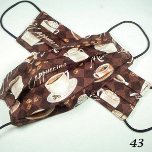 2 COFFEE LOVER MASKS 100% COTTON REVERSIBLE HANDMADE PLEATED w EAR LOOPS BROWN